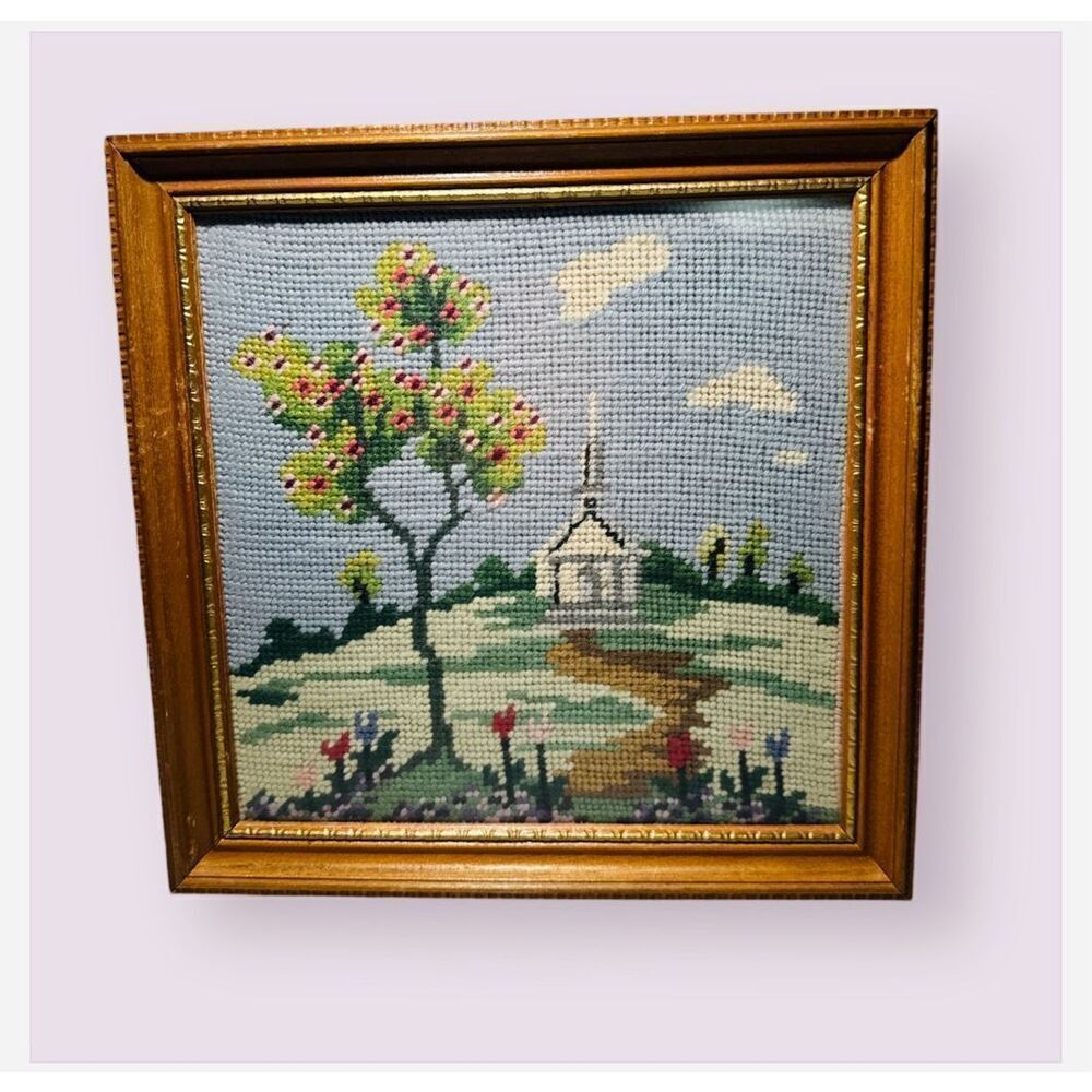 Vintage 1970s Needlepoint Tapestry Country Church Scenery Wood Framed 10x10